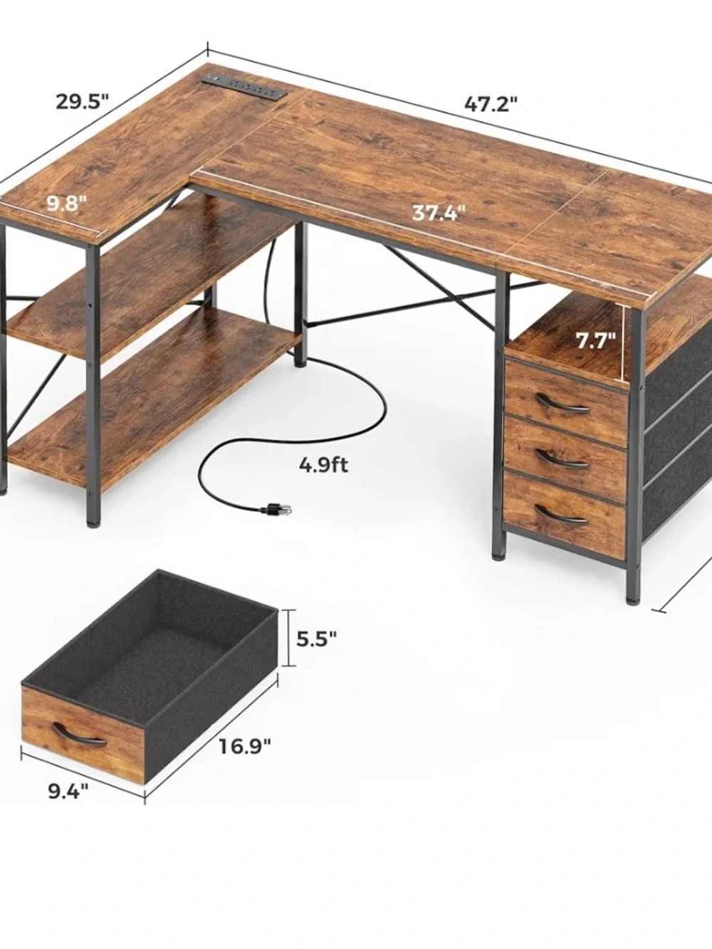 L-Shaped Home Office Desk with Rustic Brown Finish and Drawer Storage